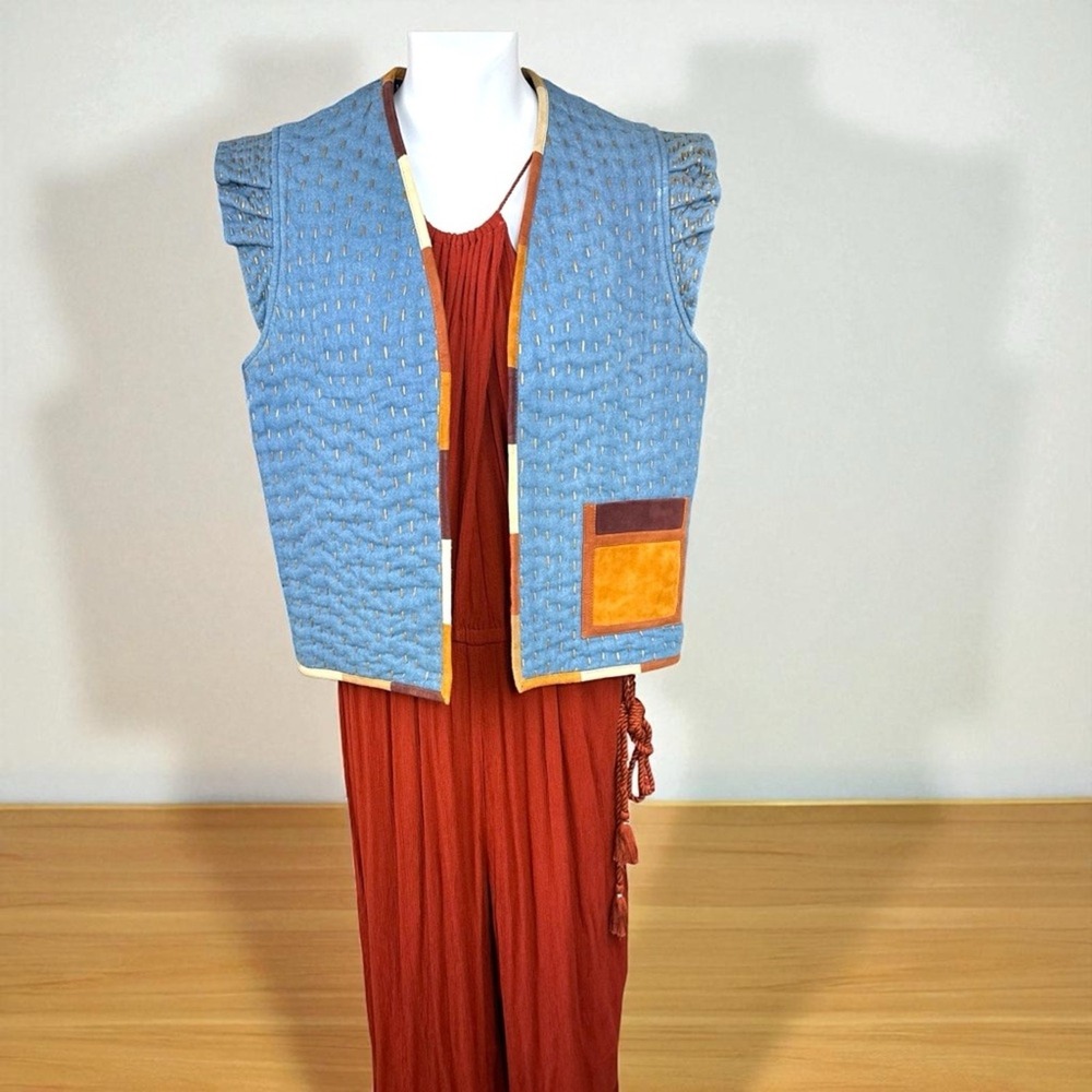 Sessun NWOT SZ Med Chiapello Denium Blue Quilted Vest leather trim‎ reversible - Picture 5 of 14